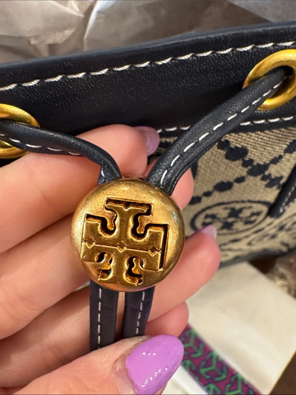 Tory Burch Navy and Cream Logo Canvas Tote with Gold Hardware
